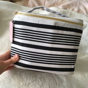 Kate spade black white stripe travel lunch cosmetic bag container nwt